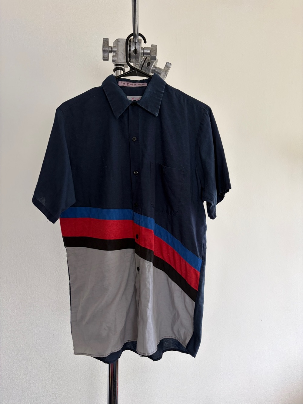 Men's Navy Short Sleeve Button-Up Shirt with Colorblock Stripes